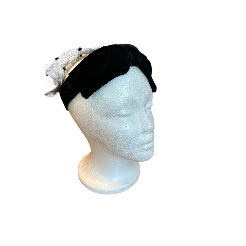 Vintage 1950s 1960s Black Velvet Bow Bandeau Cocktail Hat Veil Unmarked‎